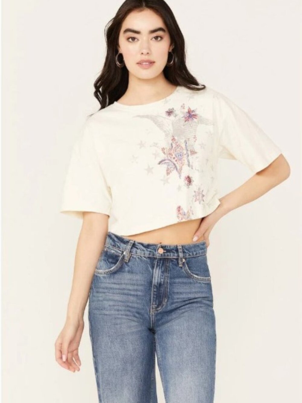 SHYANNE Cowgirl Eagle Star Cropped Short Sleeve Graphic Tee Cream Size S NWT
